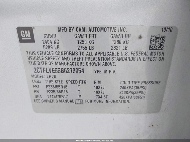 Aukcja sprzedaży 2011 Gmc Terrain Slt-1, vin: 2CTFLVE55B6273954, numer aukcji: 45151156