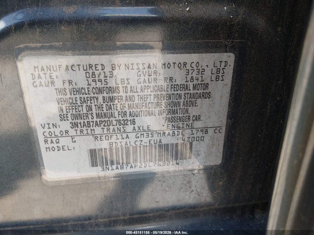 2013 Nissan Sentra S მანქანა იყიდება აუქციონზე, vin: 3N1AB7AP2DL763216, აუქციონის ნომერი: 45151158