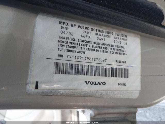 45151167 :رقم المزاد ، YV1TS91D921272597 vin ، 2002 Volvo S80 Executive/t6 مزاد بيع