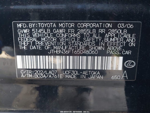 2006 Lexus Ls 430 მანქანა იყიდება აუქციონზე, vin: JTHBN36F165048060, აუქციონის ნომერი: 45151179