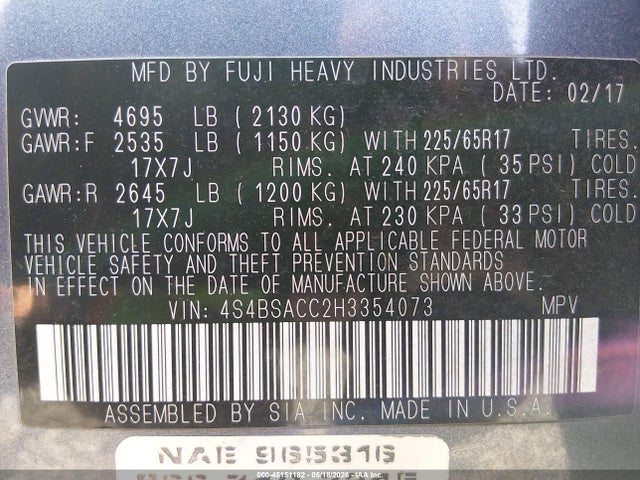 Subaru Outback 2.5i Premium 2017 4S4BSACC2H3354073 Image 9