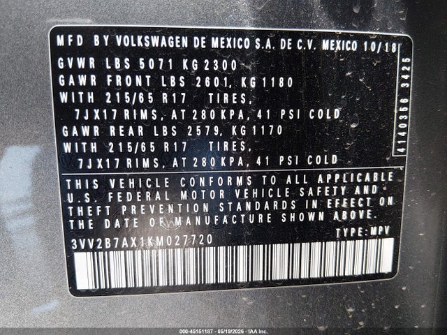 Продаж на аукціоні авто 2019 Volkswagen Tiguan 2.0t Se/2.0t Sel/2.0t Sel R-line/2.0t Sel R-line Black, vin: 3VV2B7AX1KM027720, номер лоту: 45151187