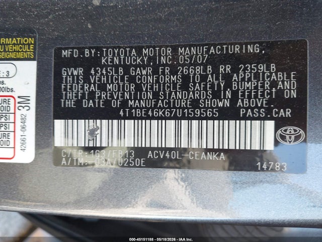 Продаж на аукціоні авто 2007 Toyota Camry Le, vin: 4T1BE46K67U159565, номер лоту: 45151188
