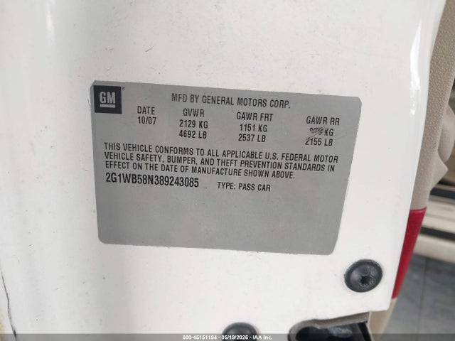 Aukcja sprzedaży 2008 Chevrolet Impala Ls, vin: 2G1WB58N389243085, numer aukcji: 45151194