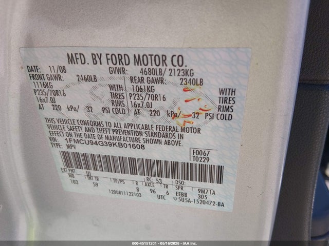 Продажа на аукционе авто 2009 Ford Escape Limited, vin: 1FMCU94G39KB01608, номер лота: 45151201
