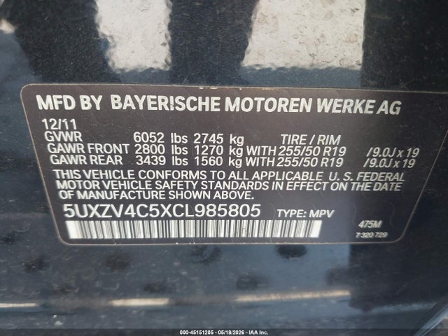 2012 Bmw X5 Xdrive35i/xdrive35i Premium/xdrive35i Sport Activity მანქანა იყიდება აუქციონზე, vin: 5UXZV4C5XCL985805, აუქციონის ნომერი: 45151205