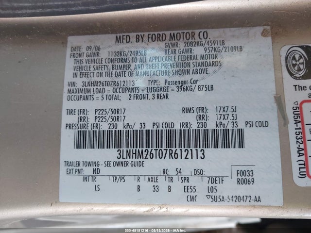 2007 Lincoln Mkz მანქანა იყიდება აუქციონზე, vin: 3LNHM26T07R612113, აუქციონის ნომერი: 45151216