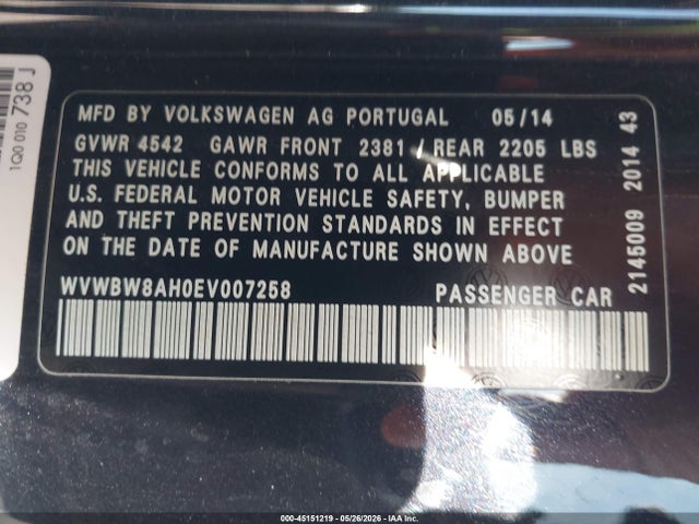 Продаж на аукціоні авто 2014 Volkswagen Eos Sport, vin: WVWBW8AH0EV007258, номер лоту: 45151219