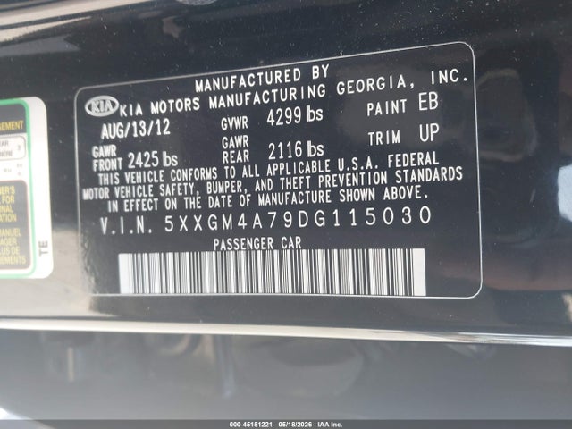45151221 :رقم المزاد ، 5XXGM4A79DG115030 vin ، 2013 Kia Optima Lx مزاد بيع