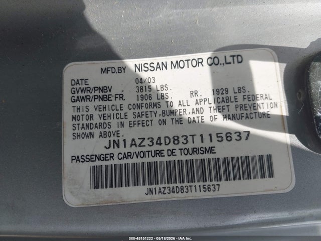 Продаж на аукціоні авто 2003 Nissan 350z Touring, vin: JN1AZ34D83T115637, номер лоту: 45151222