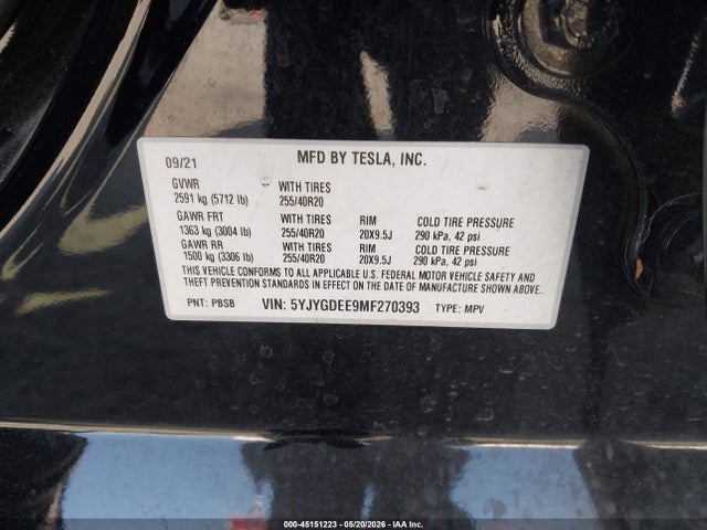 5YJYGDEE9MF270393 Tesla Model Y Long Range Dual Motor All-wheel Drive