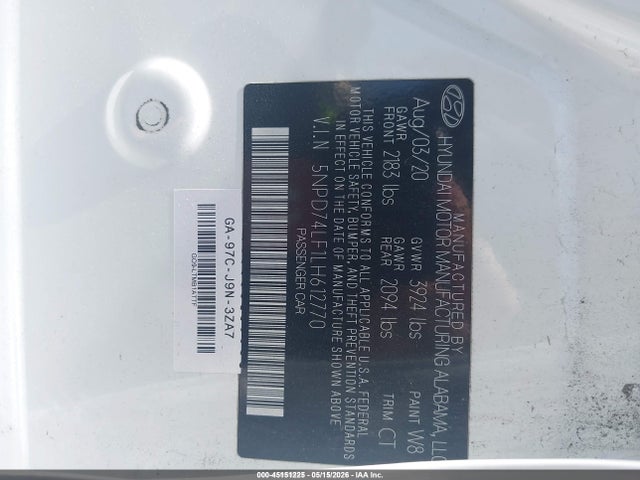 45151225 :رقم المزاد ، 5NPD74LF1LH612770 vin ، 2020 Hyundai Elantra Se مزاد بيع