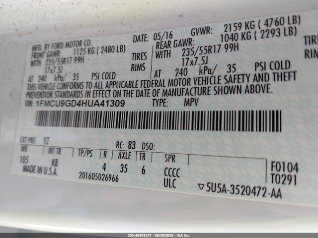 Продажа на аукционе авто 2017 Ford Escape Se, vin: 1FMCU9GD4HUA41309, номер лота: 45151231