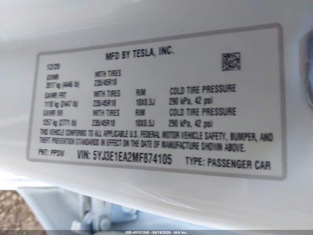 Tesla Model 3 Standard Range Plus Rear-wheel Drive 2021 5YJ3E1EA2MF874105 Image 9
