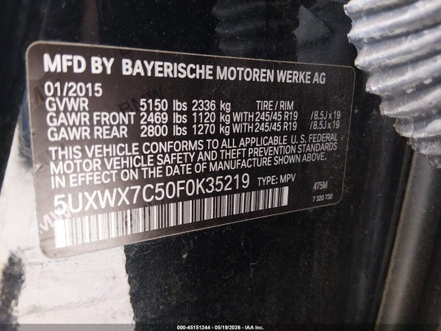 Aukcja sprzedaży 2015 Bmw X3 Xdrive35i, vin: 5UXWX7C50F0K35219, numer aukcji: 45151244