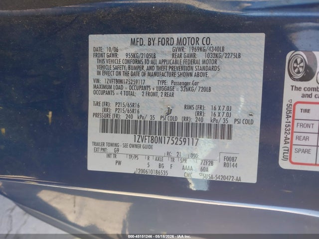 Продаж на аукціоні авто 2007 Ford Mustang V6 Deluxe/v6 Premium, vin: 1ZVFT80N175259117, номер лоту: 45151246