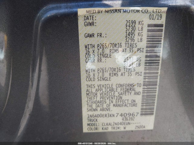 45151248 :رقم المزاد ، 1N6AD0ER3KN740967 vin ، 2019 Nissan Frontier Sv مزاد بيع