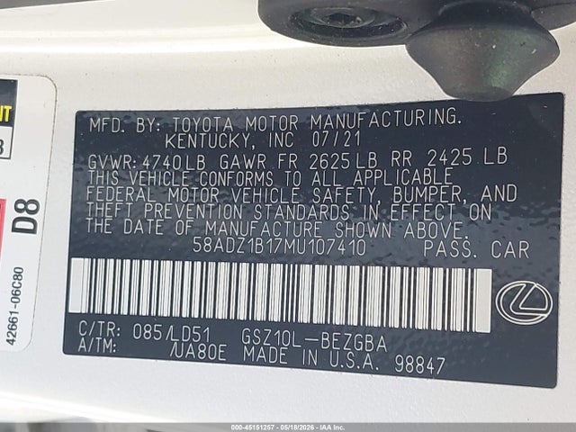 Aukcja sprzedaży 2021 Lexus Es 350, vin: 58ADZ1B17MU107410, numer aukcji: 45151257