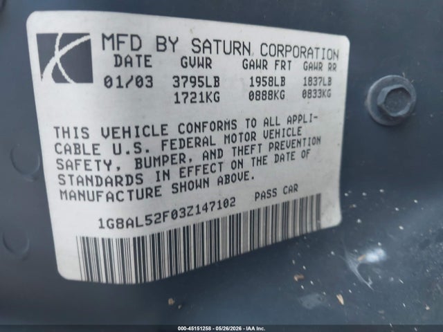 2003 Saturn Ion 3 მანქანა იყიდება აუქციონზე, vin: 1G8AL52F03Z147102, აუქციონის ნომერი: 45151258