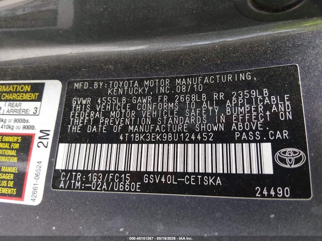 Aukcja sprzedaży 2011 Toyota Camry Se V6, vin: 4T1BK3EK9BU124452, numer aukcji: 45151267