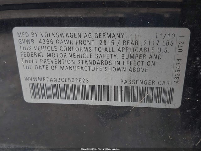 Aukcja sprzedaży 2012 Volkswagen Cc Sport, vin: WVWMP7AN3CE502623, numer aukcji: 45151270