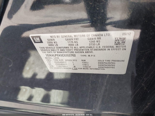 45151279 :رقم المزاد ، 2GNALPEK8C6352762 vin ، 2012 Chevrolet Equinox 2lt مزاد بيع