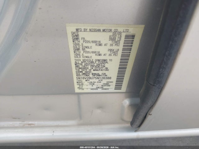 Aukcja sprzedaży 2005 Nissan Quest 3.5 S, vin: 5N1BV28U75N126388, numer aukcji: 45151284