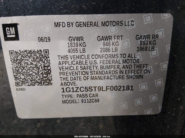 Aukcja sprzedaży 2020 Chevrolet Malibu Fwd 1fl, vin: 1G1ZC5ST9LF002181, numer aukcji: 45151285