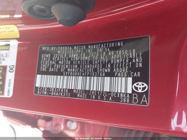 2015 Toyota Corolla Le Plus მანქანა იყიდება აუქციონზე, vin: 5YFBURHE4FP193768, აუქციონის ნომერი: 45151287