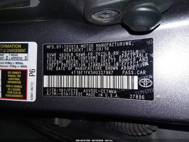 Aukcja sprzedaży 2017 Toyota Camry Le, vin: 4T1BF1FK5HU327967, numer aukcji: 45151290