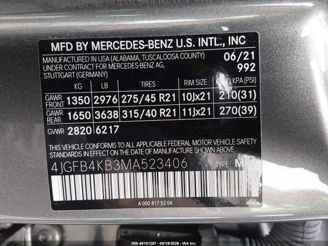 Aukcja sprzedaży 2021 Mercedes-benz Gle 350 4matic, vin: 4JGFB4KB3MA523406, numer aukcji: 45151297