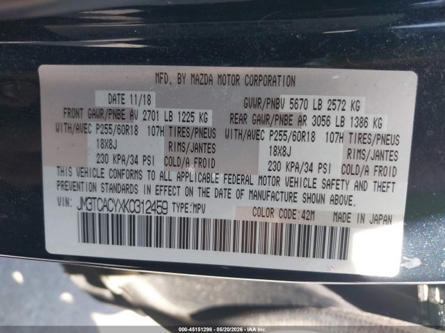 Aukcja sprzedaży 2019 Mazda Cx-9 Touring, vin: JM3TCACYXK0312459, numer aukcji: 45151298
