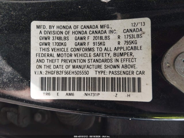 Продажа на аукционе авто 2014 Honda Civic Lx, vin: 2HGFB2F56EH505550, номер лота: 45151312