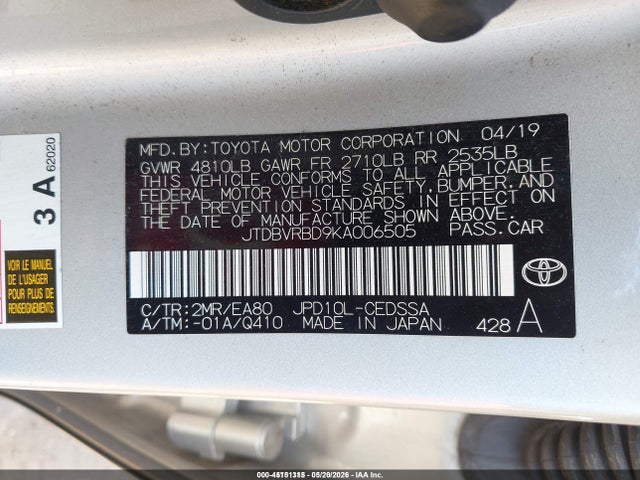 45151315 :رقم المزاد ، JTDBVRBD9KA006505 vin ، 2019 Toyota Mirai مزاد بيع