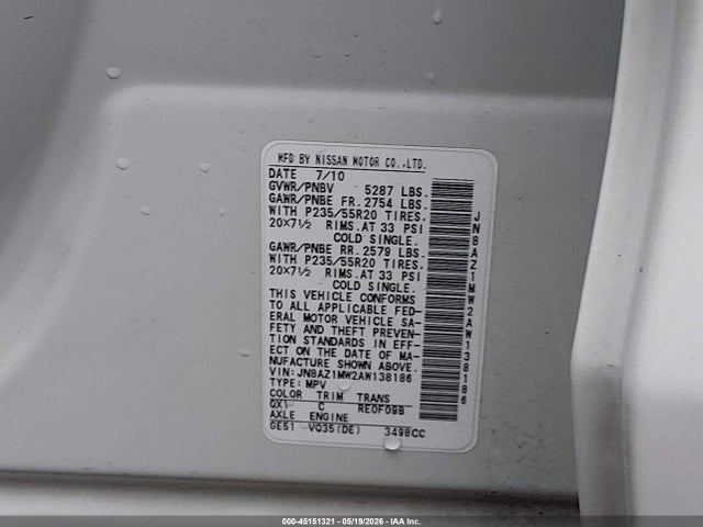 Продаж на аукціоні авто 2010 Nissan Murano Le, vin: JN8AZ1MW2AW138186, номер лоту: 45151321