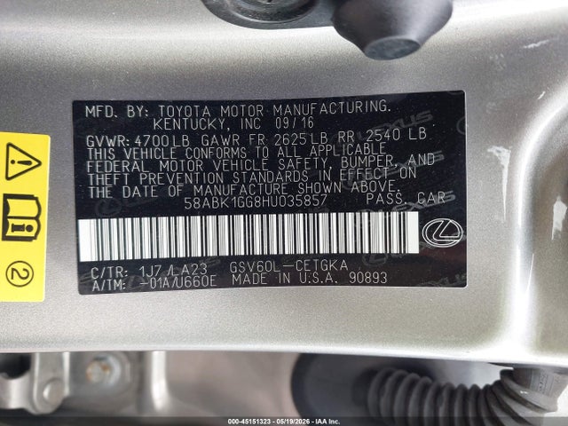 Продажа на аукционе авто 2017 Lexus Es 350, vin: 58ABK1GG8HU035857, номер лота: 45151323