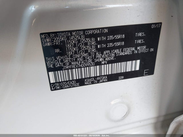 Aukcja sprzedaży 2017 Toyota Rav4 Limited, vin: JTMYFREV7HD099530, numer aukcji: 45151331