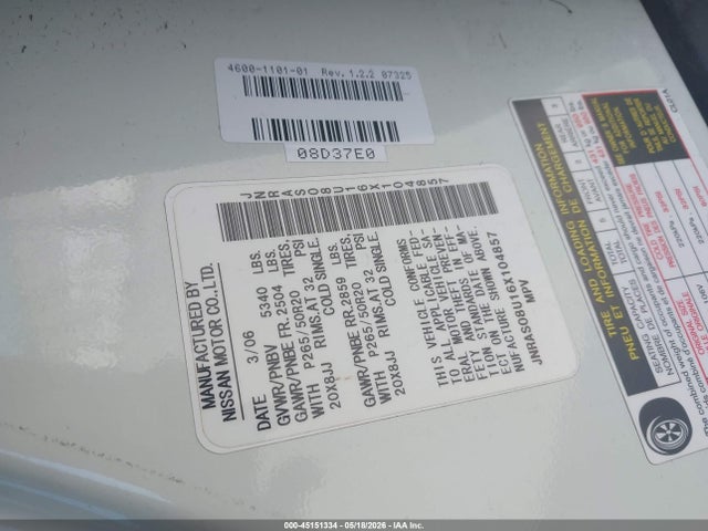 Aukcja sprzedaży 2006 Infiniti Fx35, vin: JNRAS08U16X104857, numer aukcji: 45151334
