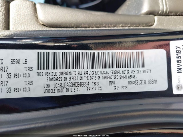 45151336 :رقم المزاد ، 1C4RJEAG3HC846694 vin ، 2017 Jeep Grand Cherokee Laredo 4x2 مزاد بيع