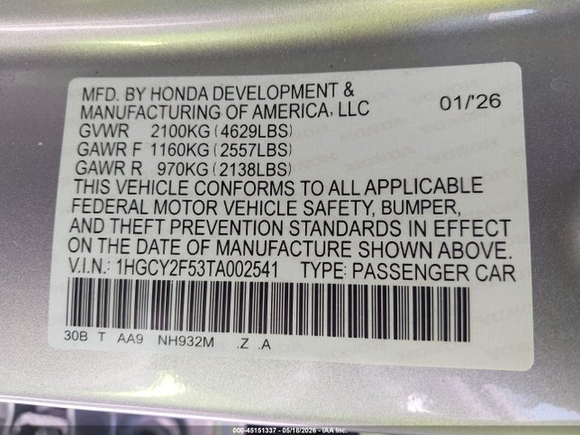 2026 Honda Accord Hybrid Sport მანქანა იყიდება აუქციონზე, vin: 1HGCY2F53TA002541, აუქციონის ნომერი: 45151337