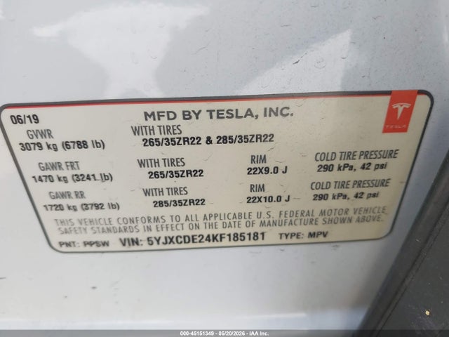 Tesla MODEL X 2019 5YJXCDE24KF185181 Image 9