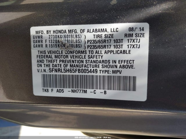 2015 Honda Odyssey Ex-l მანქანა იყიდება აუქციონზე, vin: 5FNRL5H65FB005449, აუქციონის ნომერი: 45151357
