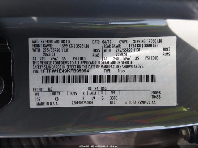 Ford F-150 Xlt 2019 1FTFW1E49KFB95994 Image 9