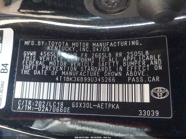 Aukcja sprzedaży 2009 Toyota Avalon Limited, vin: 4T1BK36B99U345266, numer aukcji: 45151368