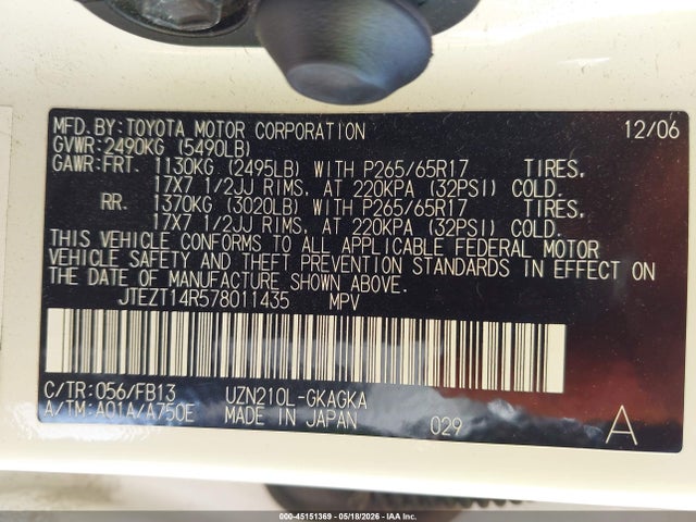 2007 Toyota 4runner Sport V8 მანქანა იყიდება აუქციონზე, vin: JTEZT14R578011435, აუქციონის ნომერი: 45151369