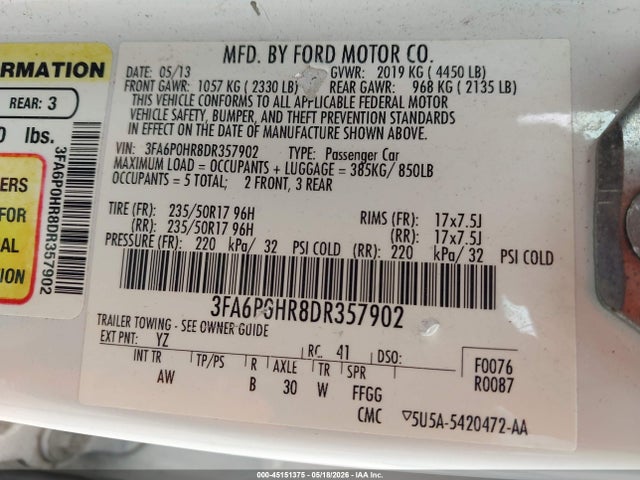 2013 Ford Fusion Se მანქანა იყიდება აუქციონზე, vin: 3FA6P0HR8DR357902, აუქციონის ნომერი: 45151375