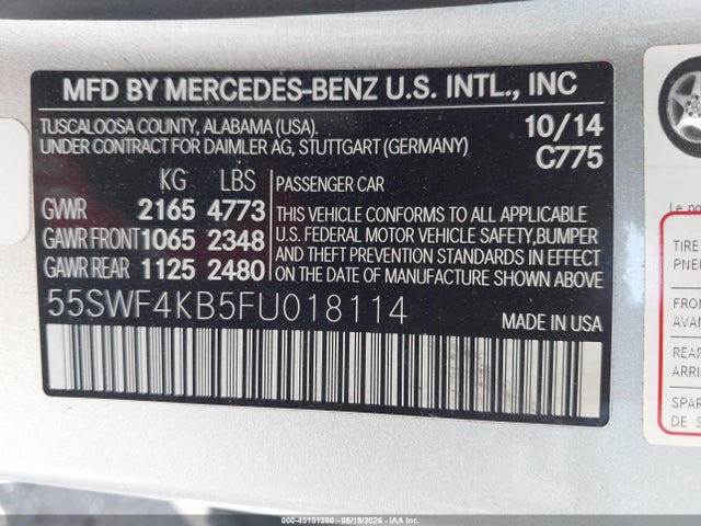 Aukcja sprzedaży 2015 Mercedes-benz C 300 Sport 4matic, vin: 55SWF4KB5FU018114, numer aukcji: 45151380