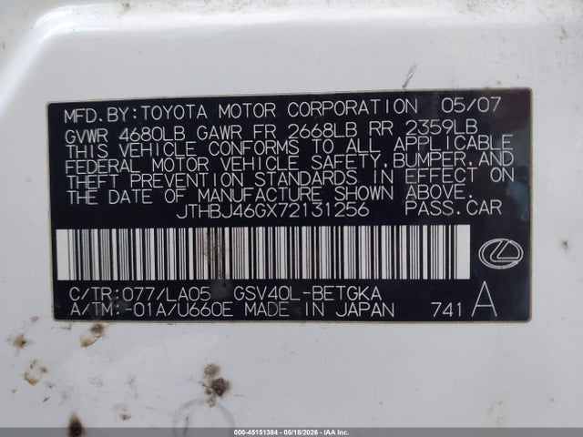Продаж на аукціоні авто 2007 Lexus Es 350, vin: JTHBJ46GX72131256, номер лоту: 45151384