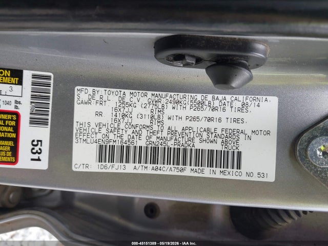 Aukcja sprzedaży 2015 Toyota Tacoma Base V6, vin: 3TMLU4EN9FM164561, numer aukcji: 45151389