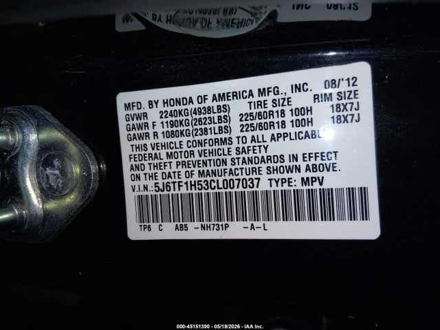 Продажа на аукционе авто 2012 Honda Crosstour Ex-l, vin: 5J6TF1H53CL007037, номер лота: 45151390